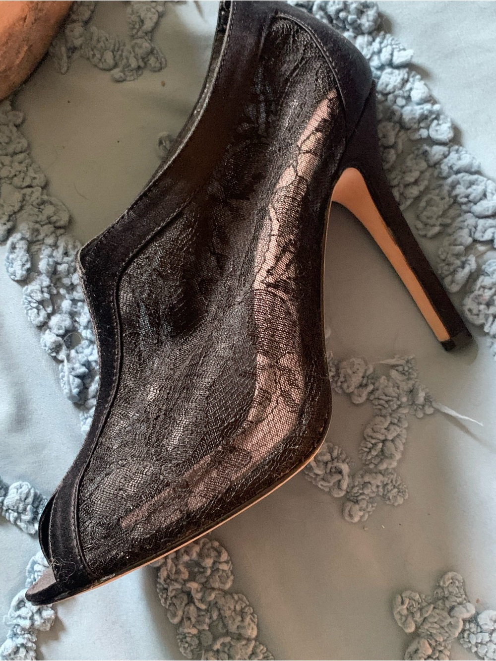 Glint Black Lace Peep-Toe Heeled Booties with 4.5 inch Stiletto Heel